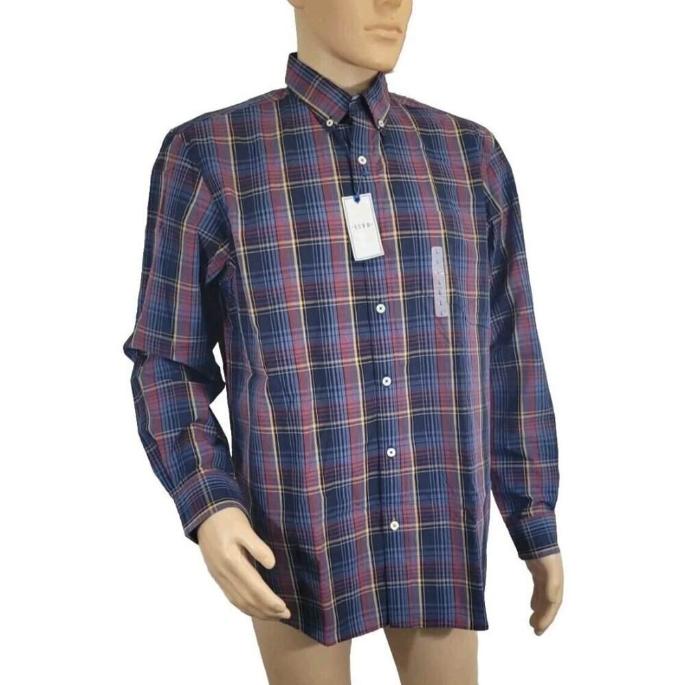 Rowm Men's Shirt Size XL Button Up Blue Red Tan Plaid Long Sleeve Cotton 31